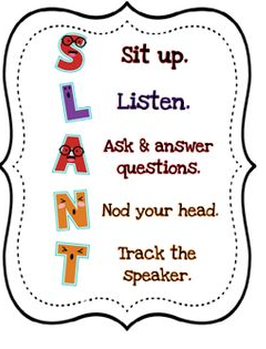 S - sit up
L - listen
A - ask & answer questions
N - Nod your head
T - track the speaker