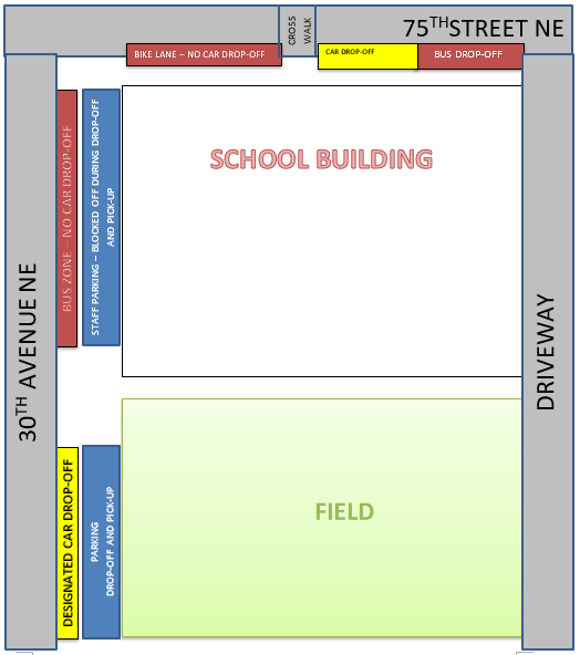 graphic of the drop off area for student safety. written directions are on the page below this visual image